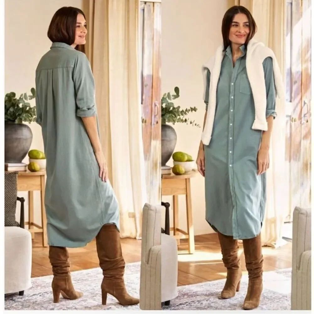 Frank & Eileen Roxy cotton maxi shirt dress olive green button front XXS